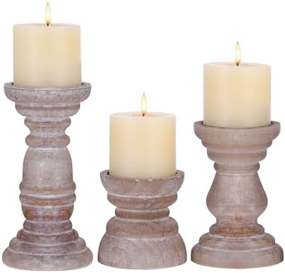 Rustic Wooden Pillar Candle Holders Set of 3 InDistressed Brown, Florence Style, Farmhouse Wooden Candle Holder, Wooden Candle Stand, Small Wooden Candlestick Holders, Living Room, Table Centerpiece by Unknown
