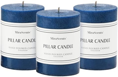 3x4 Inch Navy Blue Pillar Candles Set of 3,Unscented Large Pillar Candle by MiraScents