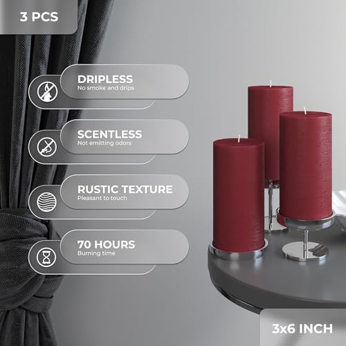 CANDWAX Large Pillar Candles 3x6 Inch – Set of 3 Unscented Dripless Burgundy Candles, Long Burning Rustic Finish for Weddings, Home Decor - Image 2