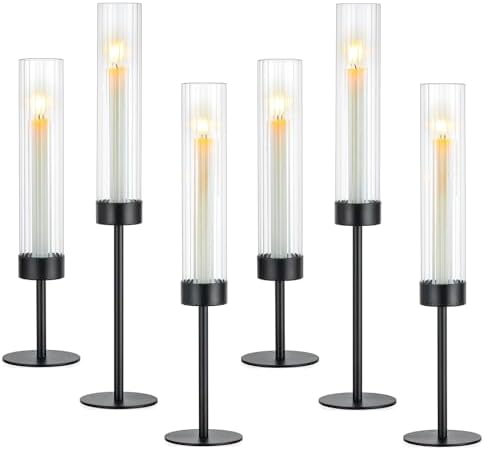 Hewory Black Taper Candle Holders: Candlestick Holders Set of 6 Hurricane Glass Tall Candle Holder for Candlesticks Candle Sticks Holder Decor for Table Centerpiece Wedding Party Christmas Decorations by Hewory