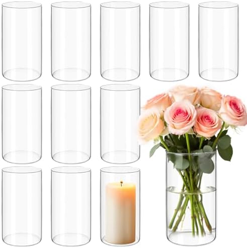 12Pack Glass Cylinder Vases for Centerpieces 6 Inch, Flower Vase for Wedding Decorations, Floating Candle Holder Vase Bulk,Glass Hurricane Candle Holders for Table Shelf, Party, Home Decor by Yemosa