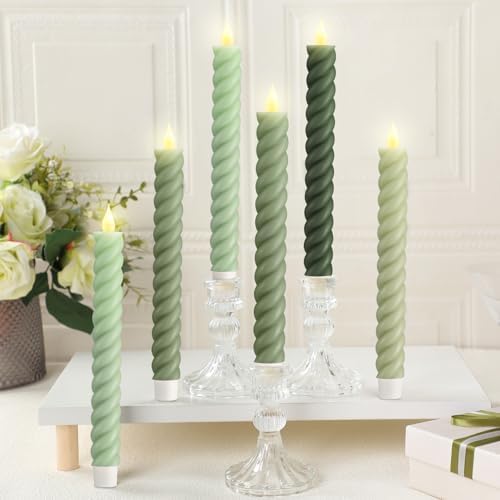 Baquler 6 Pcs Sage Green Flameless Taper Candle Twisted LED 9.65 Inch Taper Candles Battery Operated Twisted Candlesticks for Summer Wedding Birthday Home Party Holiday Dinner Fireplace Decor - Image 6