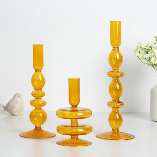 Hewory Amber Taper Candle Holders Set, 3 PCS Glass Candlestick Holders by Hewory