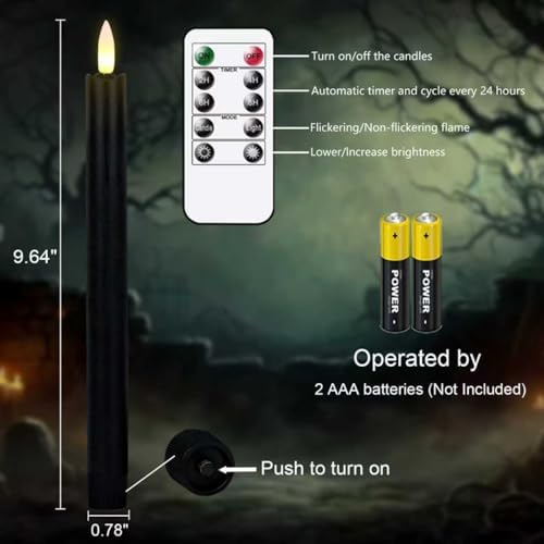 GenSwin Black Flameless Taper Candles with Remote, Halloween Flameless Candles Battery Operated, LED Halloween Candlesticks with 3D Wick for Home Decor(Set of 3, 0.78” x 9.6”) - Image 7