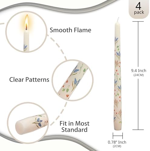 NJAO HOO Flower Candlesticks 10 in Straight Taper Candles Hand Printing Colored White Candlesticks Floral Tall Tapered Candle for Spring Home Garden Decor Simple Modern, 4Pcs - Image 2