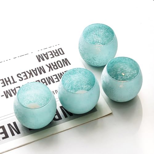 Blue Glass Candle Holders Set of 4, Vintage Frosted Ocean Blue Votive Candle Holders for Easter Decorations, Coastal Tealight Candle Holders for Wedding Centerpiece, Serene Blue Decor for Home Office - Image 2