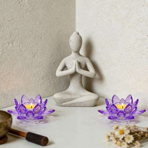 2 Pcs Purple Crystal Lotus Flower Tealight Candle Holder | Glass Votive Candlestick Decor for Home, Wedding, Party & Christmas Table Centerpieces - Image 4