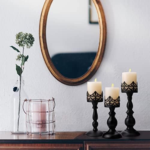 BANOMII Vintage Pillar Candle Holders for Table Centerpiece Set of 3-11'' 9'' 8'' - Matte Black Metal Candle Stands Decorative - Candle Centerpiece for Table Fireplace Decor - Gothic Candle Holder - Image 5