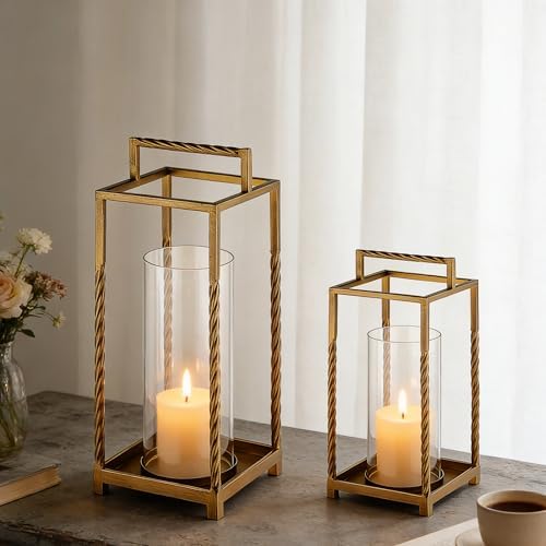 Set 2 Modern Metal Lantern with Twisted Rope-style Frame In Antique Brass with Glass Hurricane For Pillar, String Light. Centerpiece, Mantel, Ambient Lighting, Farmhouse, Transitional, Patio, Entryway - Image 4