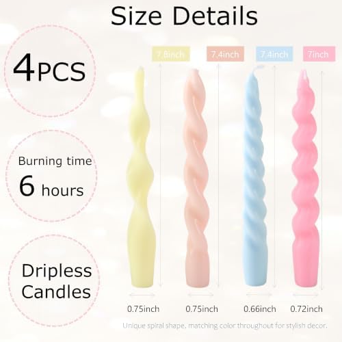 4 Pack Taper Candles Unscented Dripless Spiral Candlesticks Smokeless Swirl Wax Colorful Decorative Candle Sticks for Wedding Dinner Party Home Decor (Pastel Assorted, 7.8 inch, Twisted) - Image 2