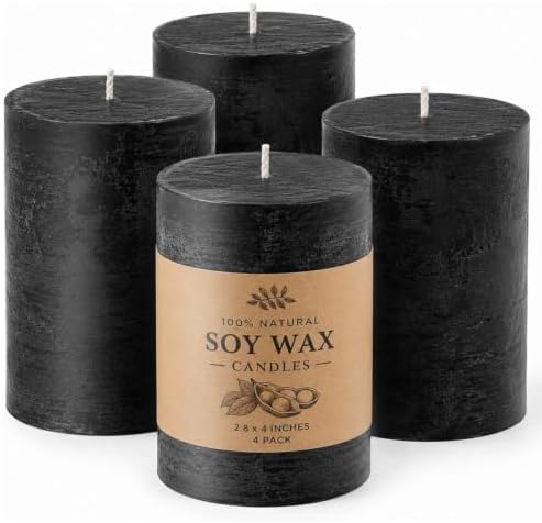Black Unscented Pillar Candles 4 Pack, 2.8 x 4 Inch Rustic Soy Wax Candles, by MAKALONE