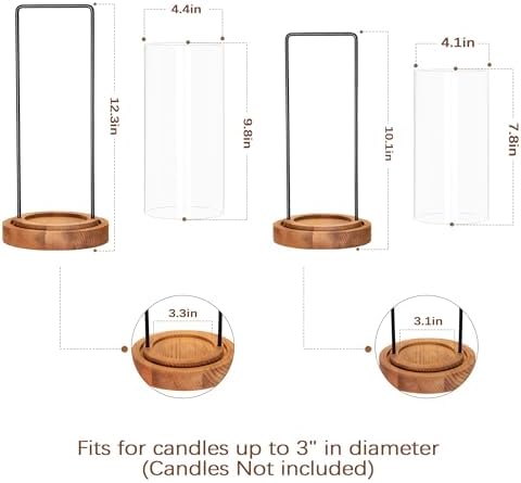 Houmury Set of 2 Hurricane Candle Holders Lantern 12” & 10”with Wood Base Metal Handle Glass Cylinder Modern Farmhouse Decor for Home Decoration, Table Centerpieces (Warm Amber Brown) - Image 5