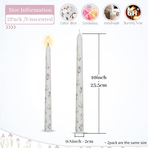 2 Pack White Iris Printed Taper Candles - Floral Decoration Candle 10 Inch Tall Candlestick Smokeless Ideal for Weddings Home Party Holiday Dinner - Image 2