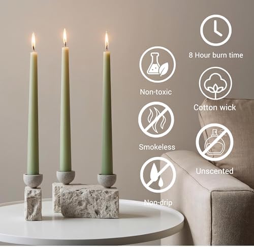 Tapered Dinner Candles, Pack of 6 – Soy & Paraffin Wax Blend, 10-Inch Dripless Taper Candles with 7-Hr. Clean Burn – Smokeless Unscented Tapers for Weddings, Dinner Tables & Home Decor – Sage - Image 4