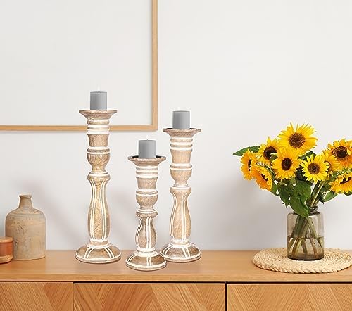 Wooden Candle Holder Set of 3, Tall White Antique Pillar Candle Holders, Rustic Farmhouse Decor, Brown Wooden Candle Stands for Home Decoration - 16, 14, 12 Inch Height - Image 7