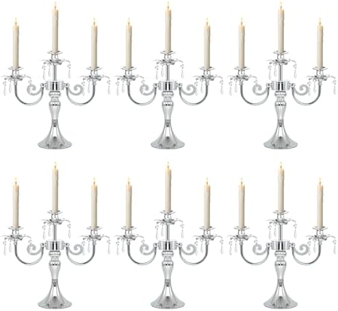 Metal 3 Arm Taper Candlestick Stand with Crystal Pendants - 11.8 Inch Tall Candle Holders, Elegant Centerpieces Candelabra for Wedding, Dining Table, Christmas Party (6Pcs, Silver) by kehail