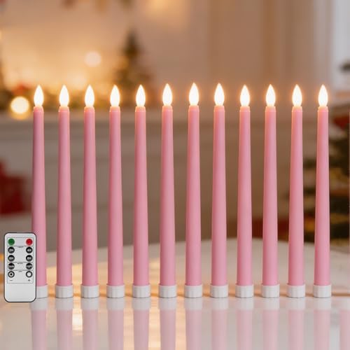 Pastel Pink Flameless Taper Candles with Remote Timer Set of 12 by Ni-JASW