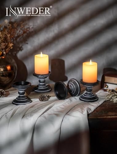 Wood Pillar Candle Holder: Rustic Distressed Black Candle Stand - Image 3