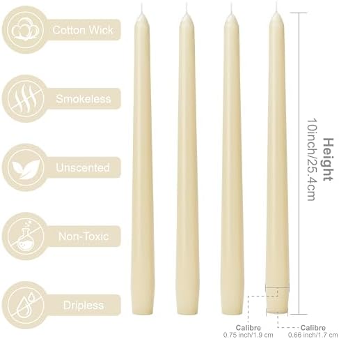 Ivory Taper Candles 10-Inch - Ivory Candlesticks Dripless Long Cream Tapered Candle Tall Unscented Smokeless Slow Burning Paraffin Wax Candle Sticks for Wedding Dinner Home Decor 4 Pack - Image 3