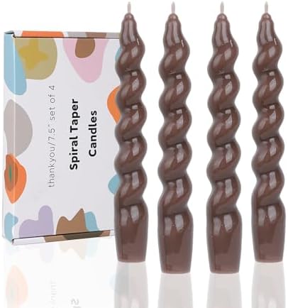 Brown Spiral Taper Dinner Candles Conical Stick Candles Wax Unscented Dinner Candle Dripless for Home Decor, Relaxation 7.6inch,Set of 4（Brown） by LPUSA