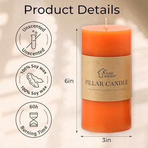 3x6 Inch Orange Pillar Candles Set of 3 - Unscented Fall Pillar Candles - Image 6