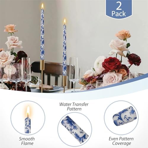 Floral Candlesticks Chinoiserie Candles - Set of 2 Blue and White Taper Candle 10 Inch Long Candle Sticks Dripless Tapered Candles for Home Decoration Wedding Party (8D2T-BLUWHT) - Image 4