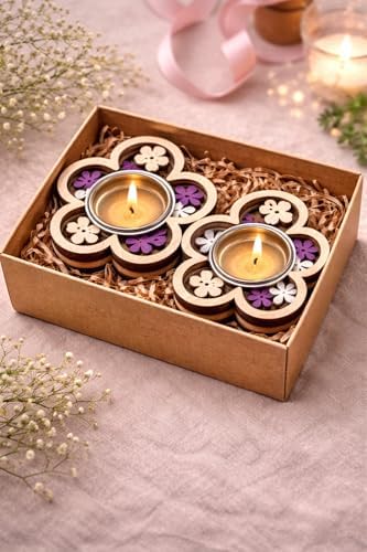 Wooden Tea Light Holder Set of 2 – Decorative Candle Tray, for Mom, Romantic Spa Décor, Home Candle Holder (Flower – Floral Serenity) - Image 6