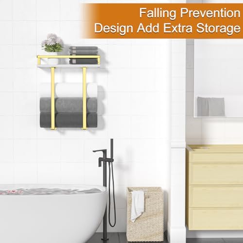 Towel Racks for Bathroom Wall Mounted, Metal Towel Holder with Wooden Shelf for Folding Large Towels, Towel Storage for Small Bathroom Organizer Decor or RV Camping,Golden - Image 4