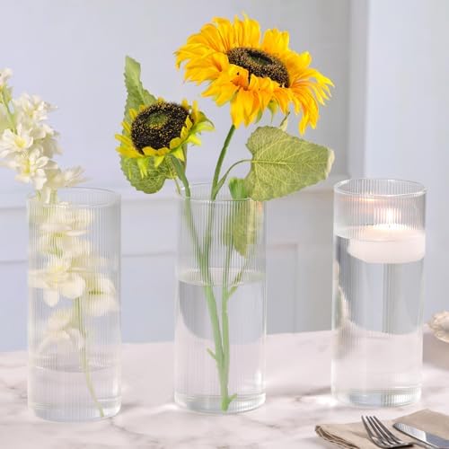 8 Inch Clear Glass Ribbed Cylinder Vases for Centerpieces, Pack of 3 - Image 5