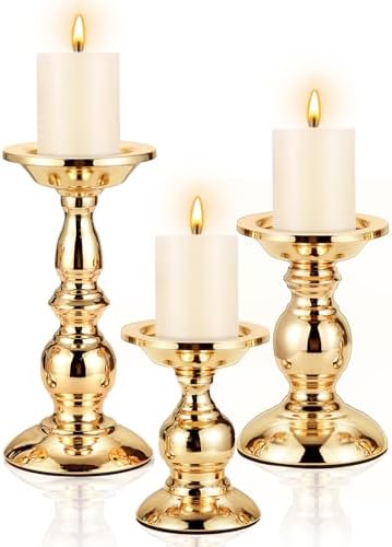 3 Pcs Gold Metal Pillar Candle Holder, 5.31, 6.50, 8.46 Inch Tall by Ferrochef