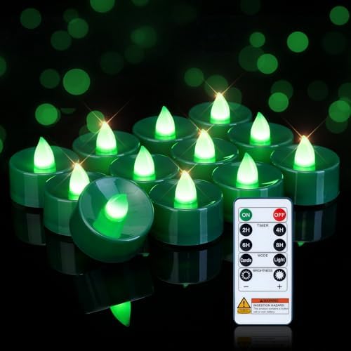 Homemory 12-Pack Green Remote Flameless Battery Tea Light Candles, 400+ Hrs by Homemory