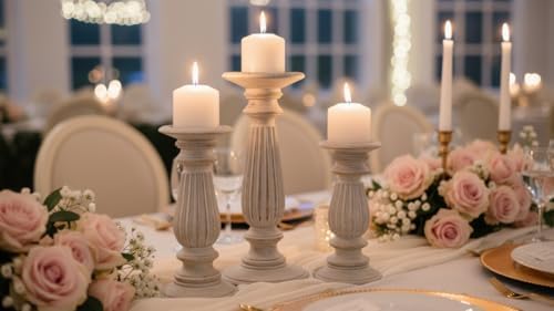 Antique White Candle Holder Set of 3 Hand Painted Wedding and Home Decor Candlestick Holder H 6 x 8 x 10 Inch - Image 3