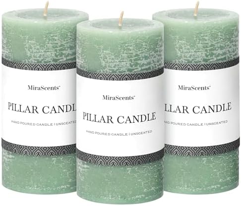 3x6 Inch Sage Green Pillar Candles Set of 3 - Unscented Spring Candles, Long Clean Burning, Large Big Candle, Smokeless Dripless Candle for Spring Home Decor, Dinner Table, Bathroom, Rustic Decor by MiraScents