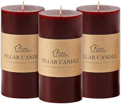 3x6 Inch Burgundy Pillar Candles Set of 3,Unscented Dark Red Pillar Candle by FUNDAMLIGHT