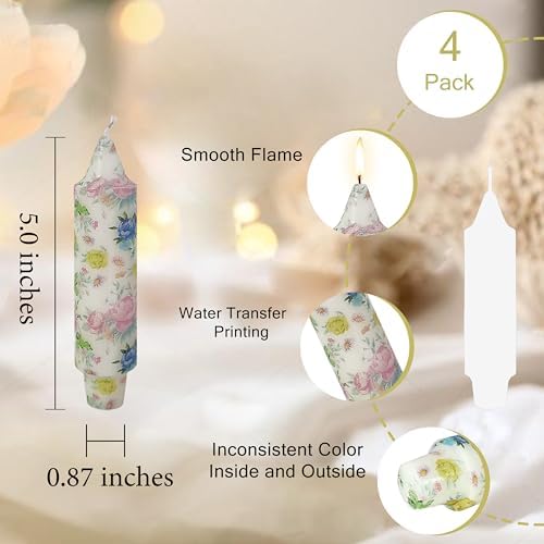 5 inch Short Candle Floral Candle Sticks Printed Candlestick Handmade Unscented Taper Candle 4 Pack Beautiful Flower Tapered Candles for Home Dinner Wedding Holiday - Image 4