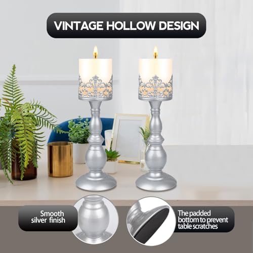 Candle Holders for Pillar Candles Gothic Matte Pearl Silver Tall Candle Holders Set of 2 Decorative Large Table Centerpieces Candle Stand Decor (Pearl Silver 2PCS A) - Image 2