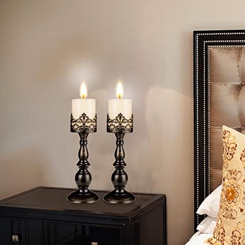 Candle Holders for Pillar Candles Gothic Distressed Black Vintage Tall Candle Holders Set of 2 Decorative Large Table Centerpieces Candle Stand Decor (Distressed Black 2PCS A) - Image 5