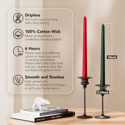 10-Inch Tall Dripless Taper Candles Set of 12 - Red and Green Tapered Candles, Perfect for Christmas - Smokeless, Unscented, Long Burning - Hand Poured, Colored Tall Candlesticks - Christmas - Image 2