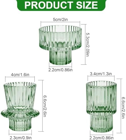 Candlestick Holders Set of 6, Ribbed Glass Taper Candle Holders, Reversible Green Tealight & Candle Stick Candle Holder Vintage Crystal Tapered Candlestick for Wedding Dinner Party Festival - Image 3