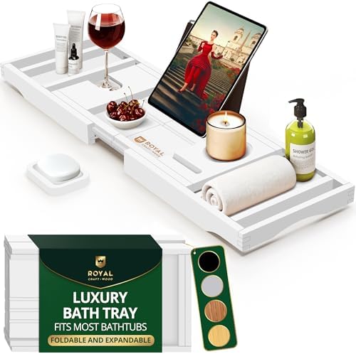 ROYAL CRAFT WOOD Premium Foldable Bathtub Tray Caddy - Wood Bath Tray for Tub, Bamboo Shelf, Expandable Bath Table Trays, Bathtub & Bathroom Accessories for New Home & Mothers, Birthday Gifts for Mom by ROYALCRAFTWOOD