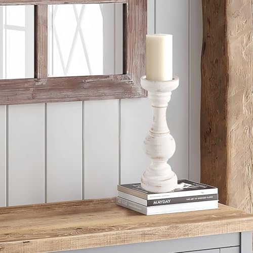 CedarLux Rustic Pillar Candle Holder, 11 Inch White Wooden Candlestick Holders, Farmhouse Candle Stands for Pillar Candle, Decorative Wood Candlestick Holders for Living Room, Table Centerpiece - Image 6