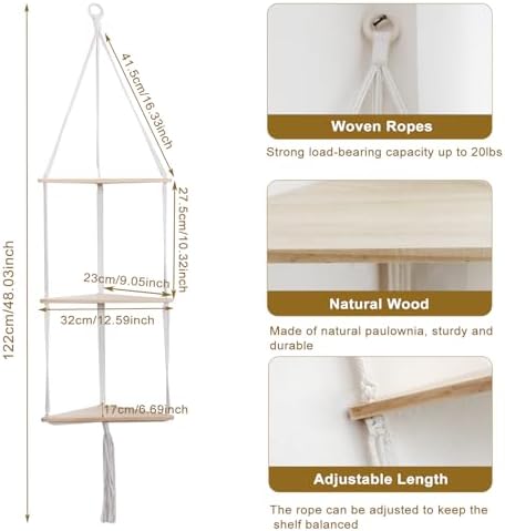 Artilady Corner Shelves Macrame Wall Hanging, 3 Tier Boho Storage - Image 2