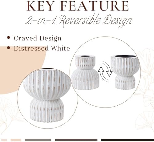 TRENDIN Reversible Rustic Pillar Candle Holders Set of 2, Distressed White Wood Candle Stand Set for Table, Fluted Farmhouse Wooden Candlestick Holders for Fireplace Mantel, Dining Room Decor - Image 3