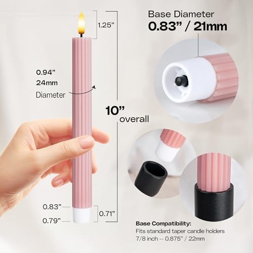 12 Pack, 10" LED Flameless Real Wax Dusty Rose Fluted Ribbed Grooved Taper Candles, Remote & 24h Timer Memory, On/Off Button, Dimmable, Flicker Mode, Battery Operated, Wedding - Image 3