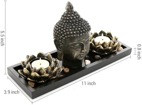 MyGift Resin Buddha Head Zen Garden Set with Lotus Tealight Holders & Tray - Image 3