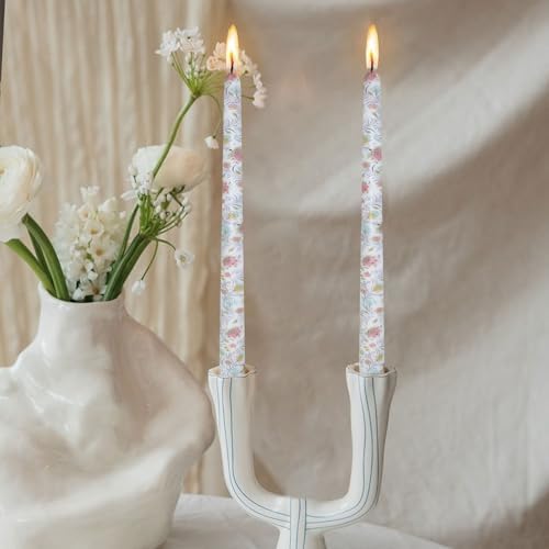 NJAO HOO Flower Candlesticks 10 in Straight Taper Candles Hand Printing Colored Candlesticks Floral Tall Tapered Candle for Home Garden Decor Simple Modern, 2Pcs - Image 2
