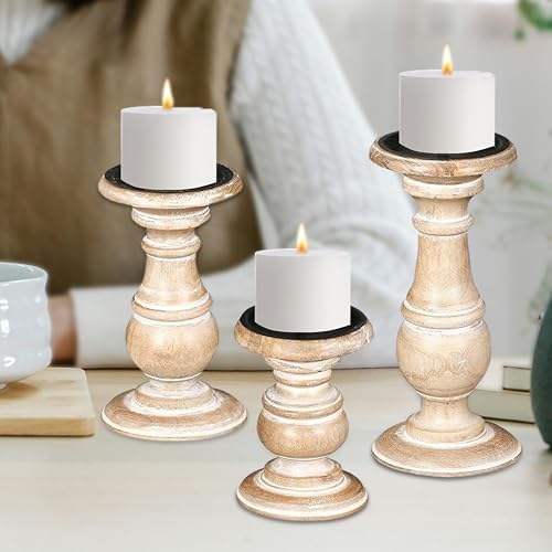 White Wash Candle Holder Set of 3 – 10", 8", 6" Rustic Pillar Stands – Turned Wood Columns for Home Decor, Weddings, Spa, Parties – Country Farmhouse Style - Image 2