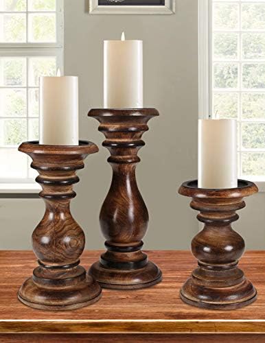 Candle Holders Set of 3 (10",8" & 6" Height)_Burnt Finish,Pillar Candle Holder in Mango Real Wood,Decorative Candle Holders for Table Centerpiece, Wedding, Party, Home Décor, Spa, Farmhouse, Gifting - Image 2