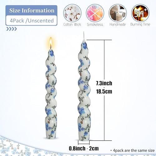 Spiral Print Taper Candles-Blue Floral Blend Pattern Unscented Candle 7.5Inch Flower Short Tapered Candlestick for Family Gatherings Weddings Restaurant Holiday Decorations Set of 4 - Image 5