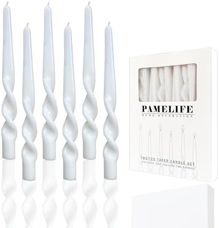 Twisted Taper Candles, 6 Pack 9.5 Inch White Spiral Design Decorative Set for Thanksgiving, Wedding Table Decor and Home Styling by PAMELIFE